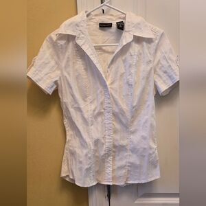 New York & Company Womens White Cuffed Sleeve Button Down Blouse